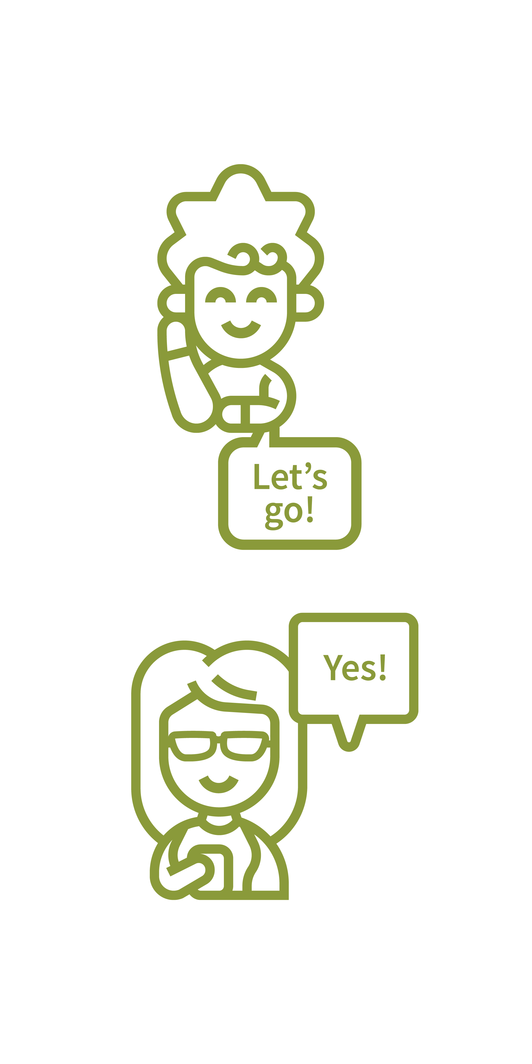 Man and Woman. Man has a speech bubble with 'Let's go'. Girl has speech bubble with 'Yes'